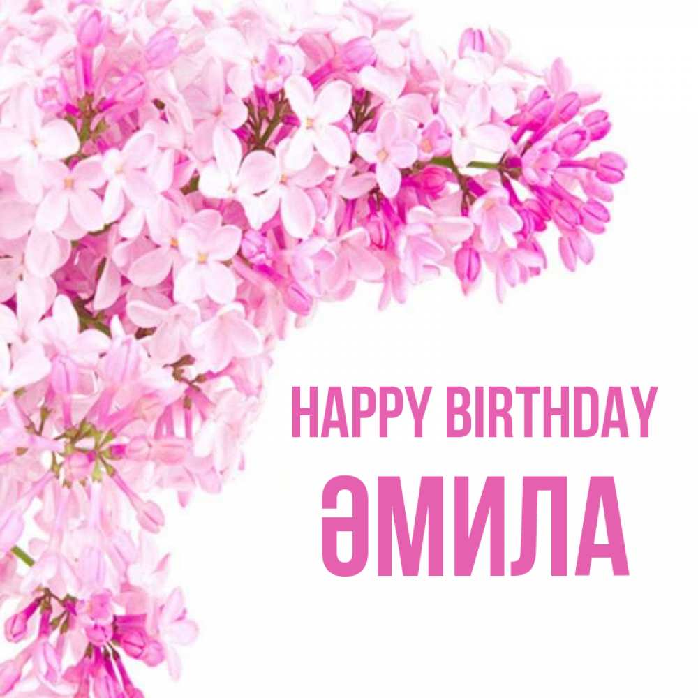 Greetings card с именем, ӘМИЛА Happy Birthday Сирень на белом фоне Greetings with text for free download 