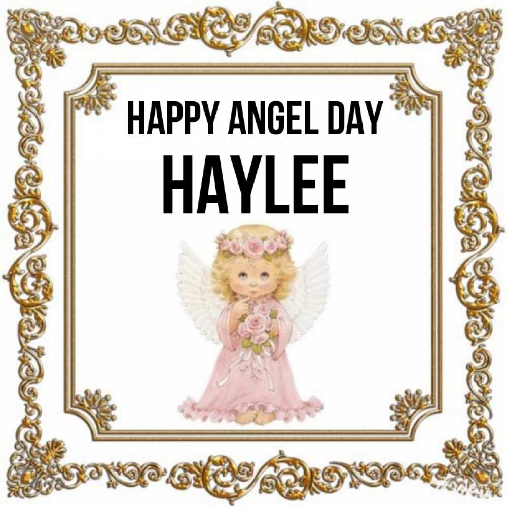 Greetings card с именем, Haylee happy angel day девочка ангел с крыльями и цветами в розовом платье Greetings with text for free download 