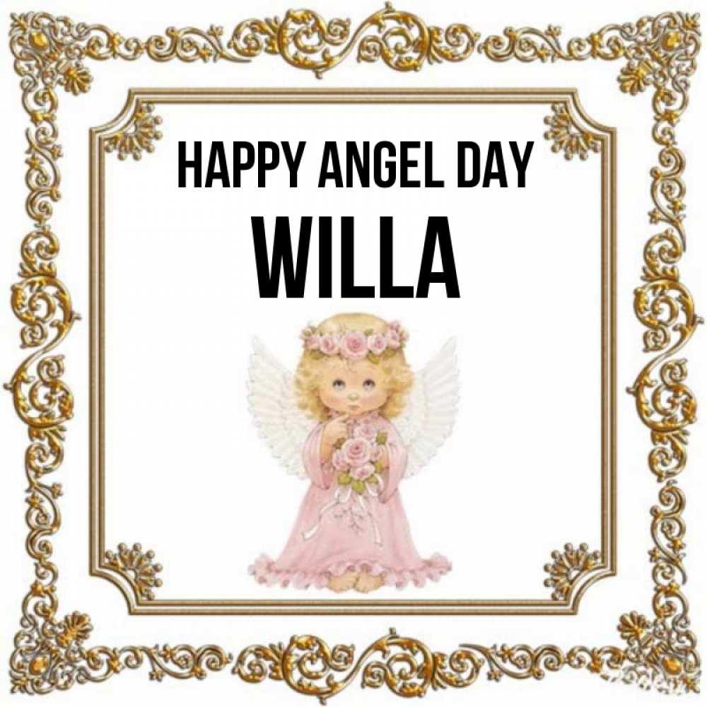 Greetings card с именем, Willa happy angel day девочка ангел с крыльями и цветами в розовом платье Greetings with text for free download 