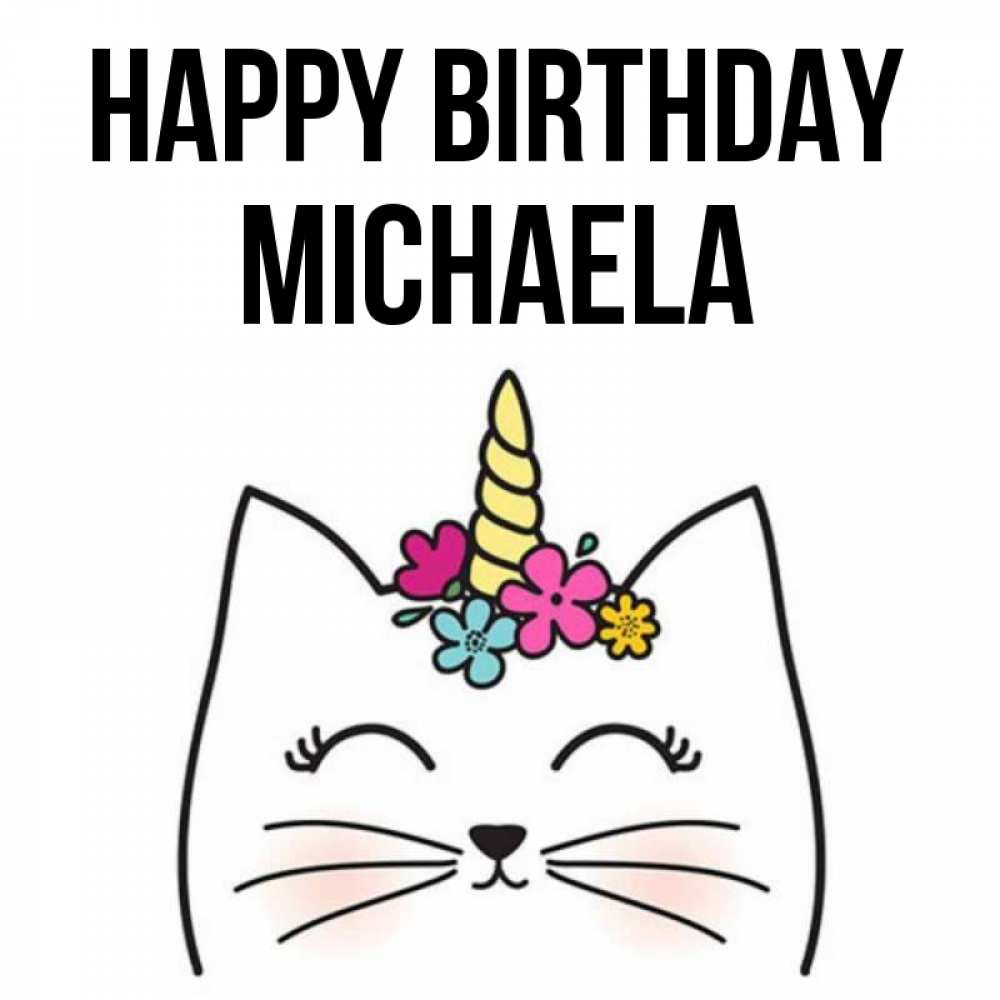 Greetings card с именем, Michaela Happy Birthday милый кот с одним рожком Greetings with text for free download 