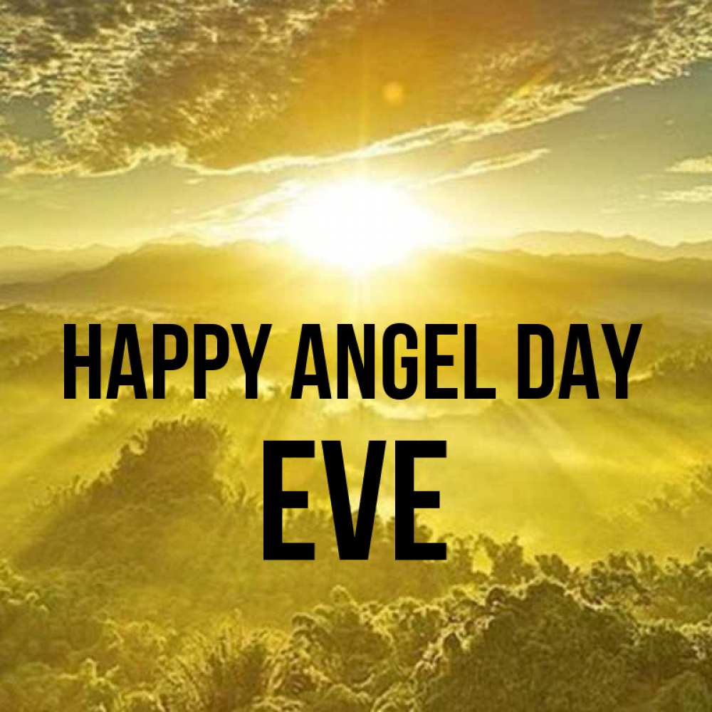 Greetings card с именем, Eve happy angel day леса и небо в желтом Greetings with text for free download 