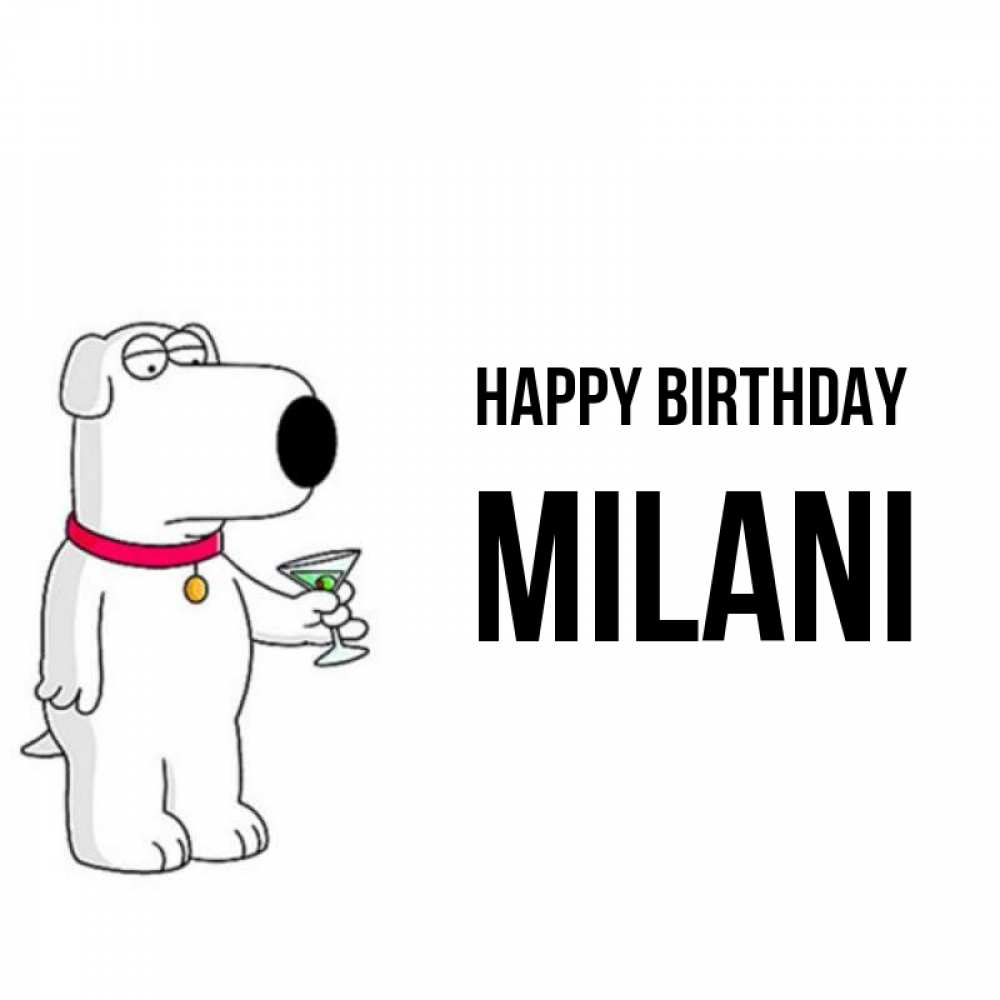 Greetings card с именем, Milani Happy Birthday песик с оливками Greetings with text for free download 