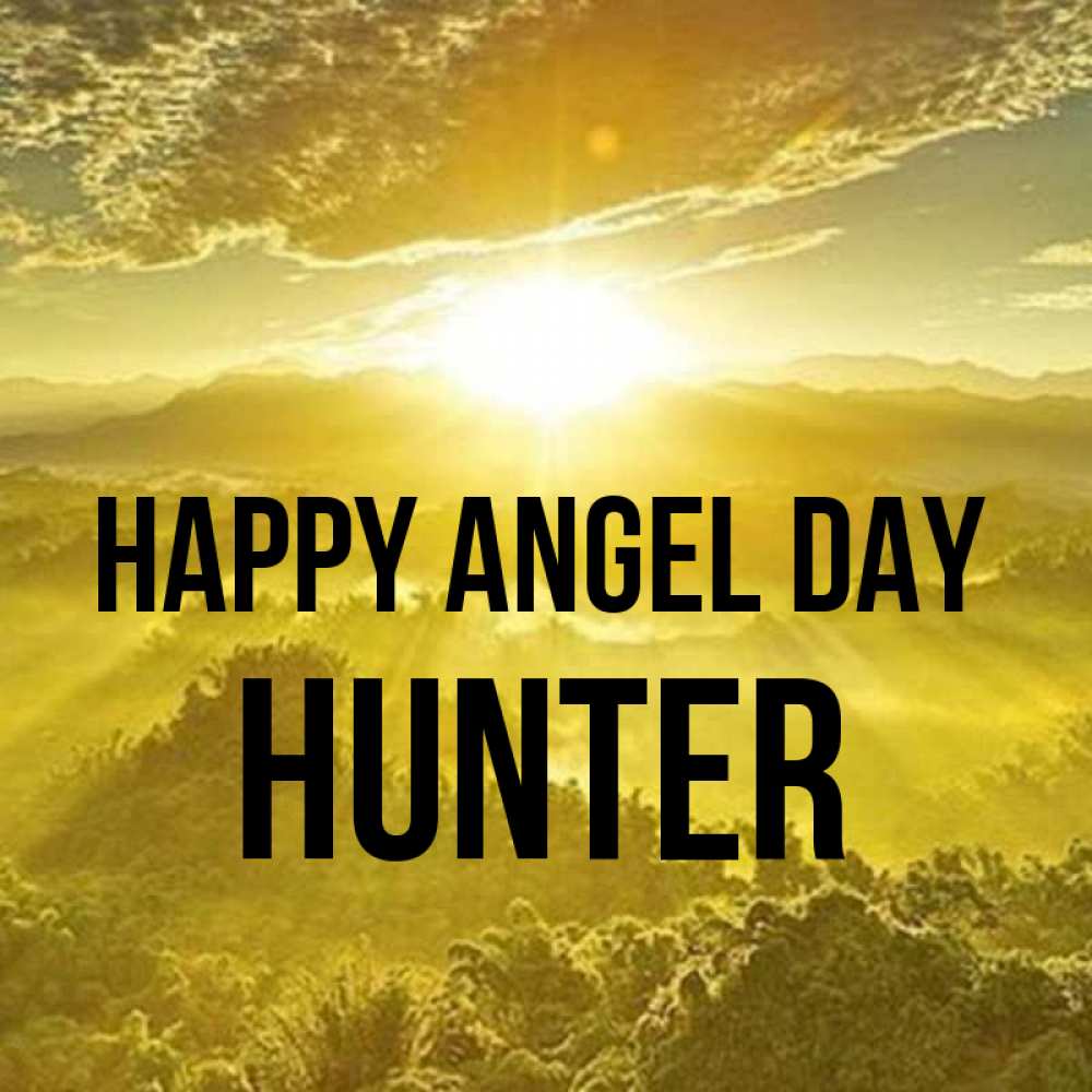 Greetings card с именем, Hunter happy angel day леса и небо в желтом Greetings with text for free download 