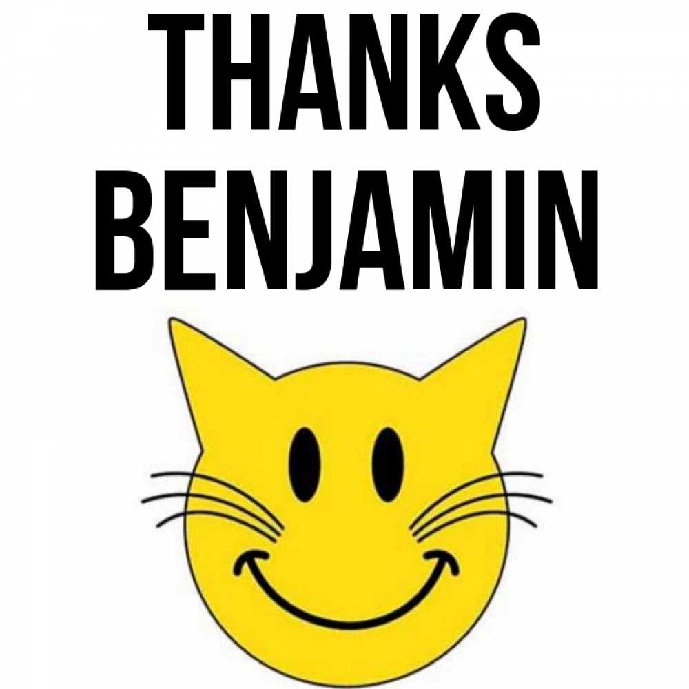 Greetings card с именем, Benjamin Thanks улыбающийся смайл кот Greetings with text for free download 