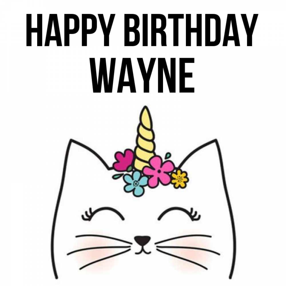 Greetings card с именем, Wayne Happy Birthday милый кот с одним рожком Greetings with text for free download 