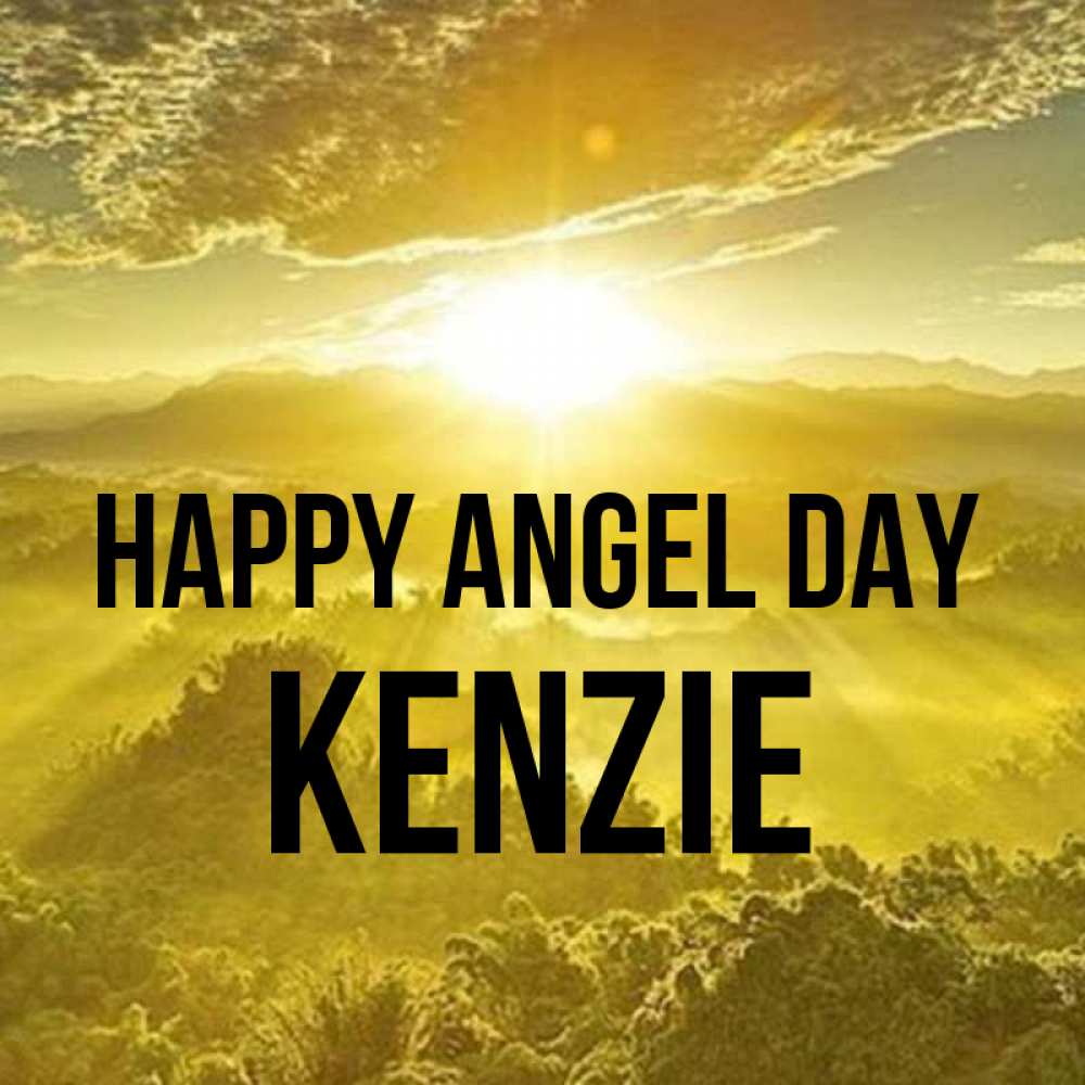 Greetings card с именем, Kenzie happy angel day леса и небо в желтом Greetings with text for free download 