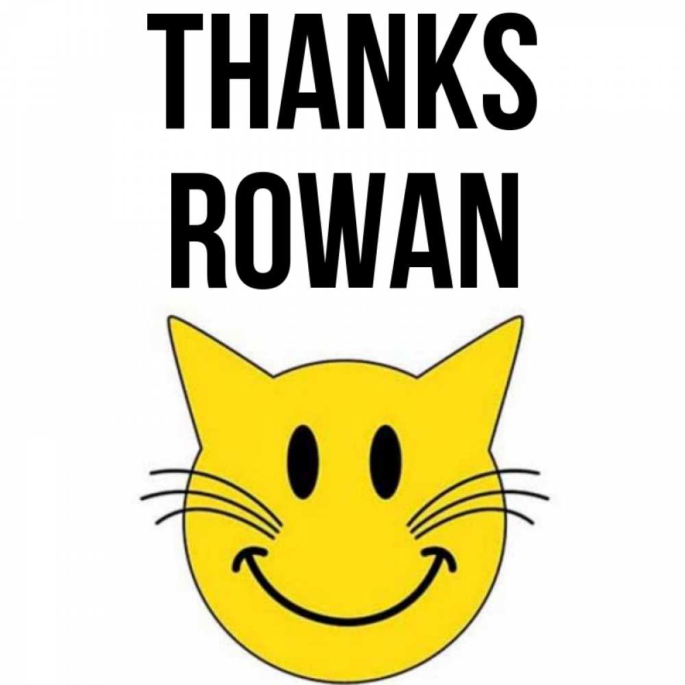 Greetings card с именем, Rowan Thanks улыбающийся смайл кот Greetings with text for free download 