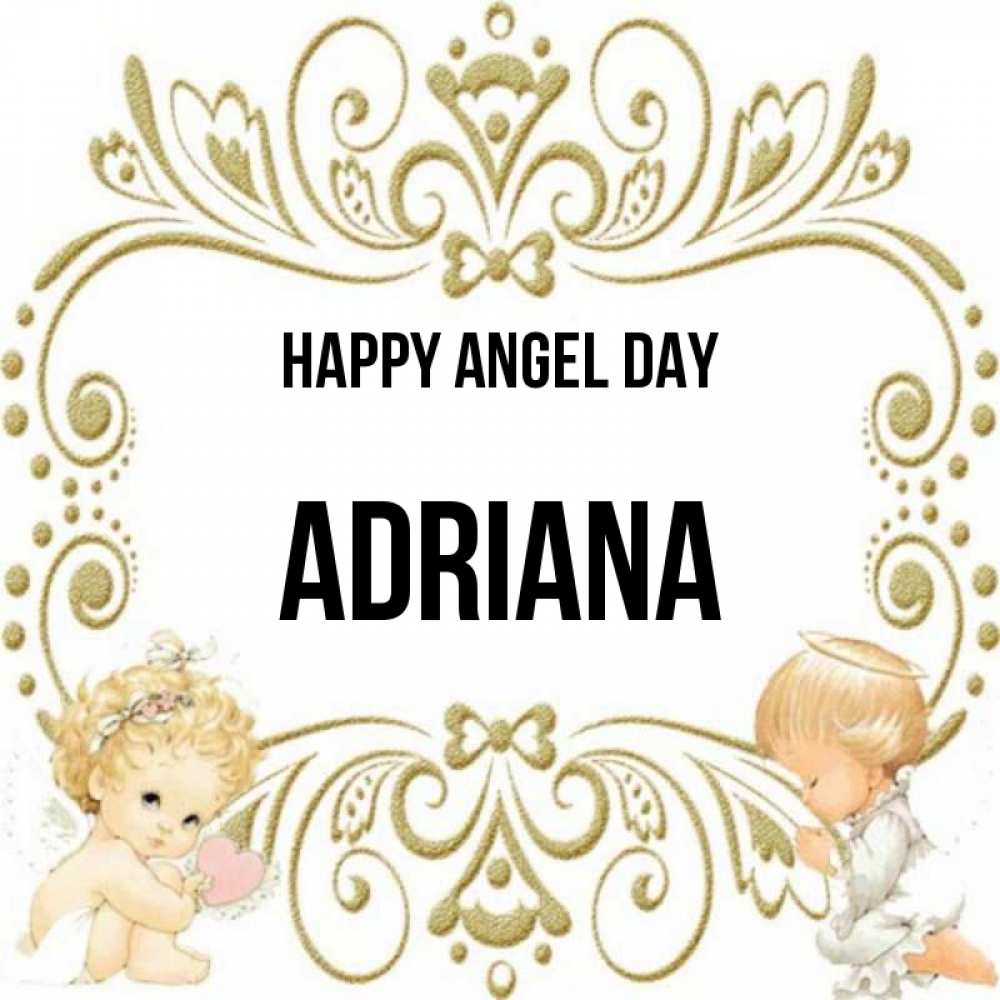 Greetings card с именем, Adriana happy angel day с именинами поздравляют два красивых ангела. Один с сердечком другой молится Greetings with text for free download 