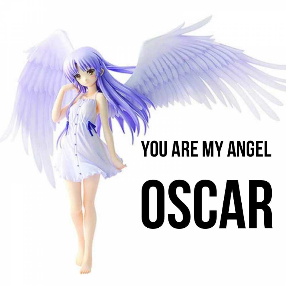 Greetings card с именем, Oscar You are my angel девушка ангел с фиолетовыми крыльями Greetings with text for free download 
