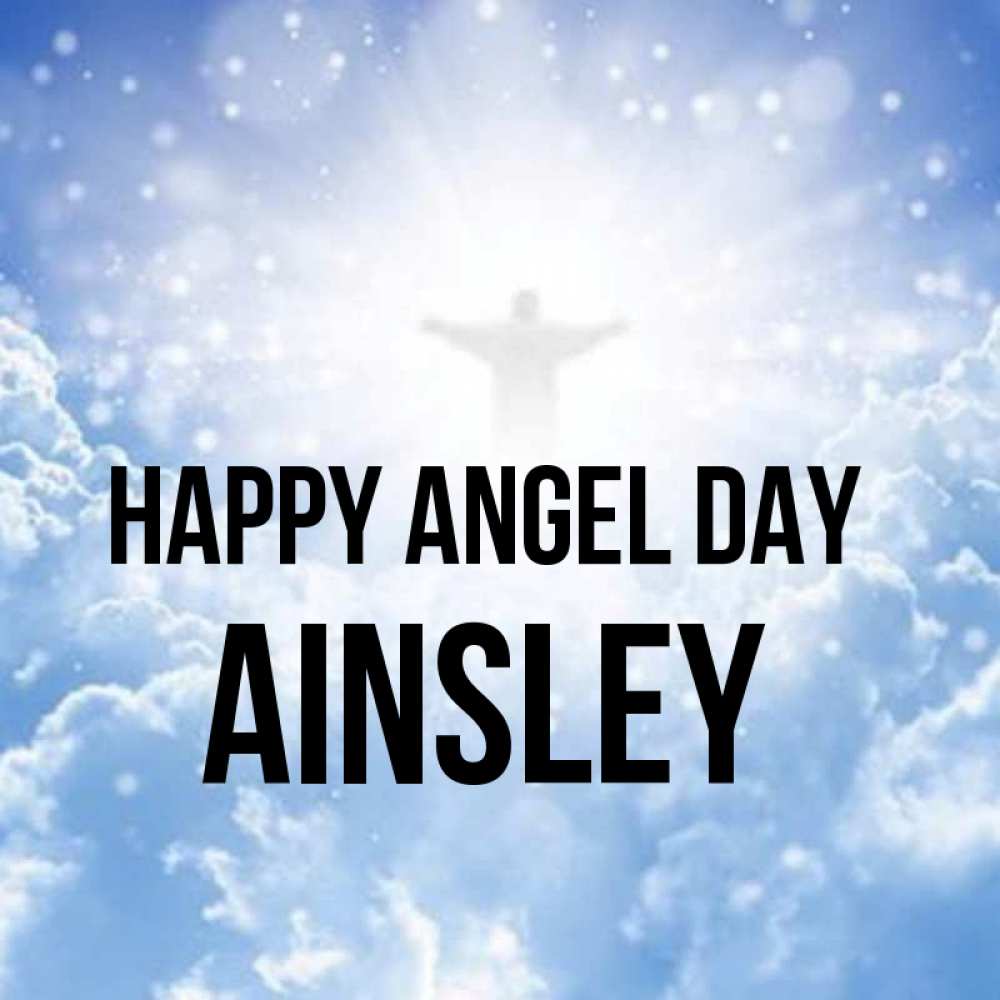 Greetings card с именем, Ainsley happy angel day ангел на облаках в свете солнца Greetings with text for free download 