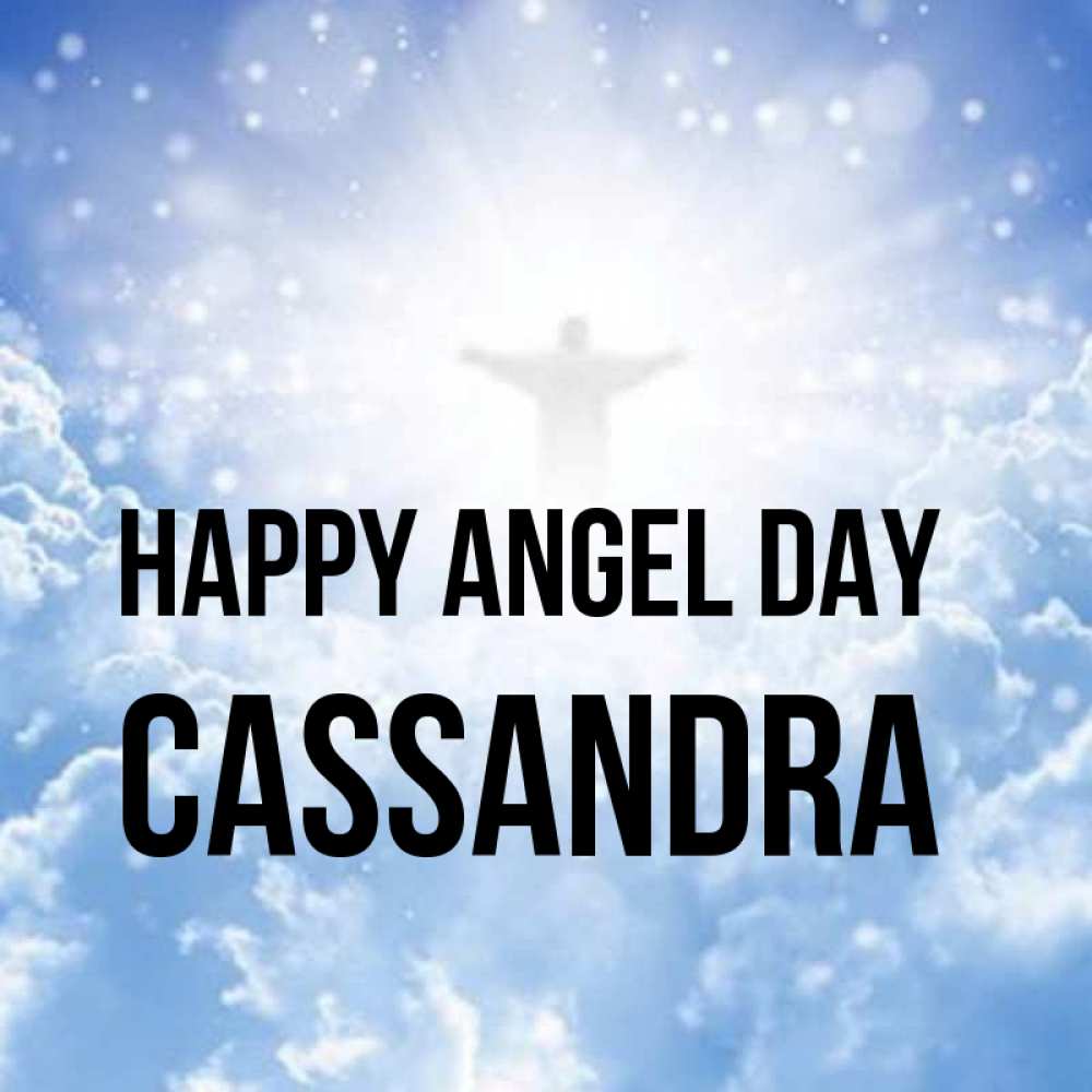 Greetings card с именем, Cassandra happy angel day ангел на облаках в свете солнца Greetings with text for free download 