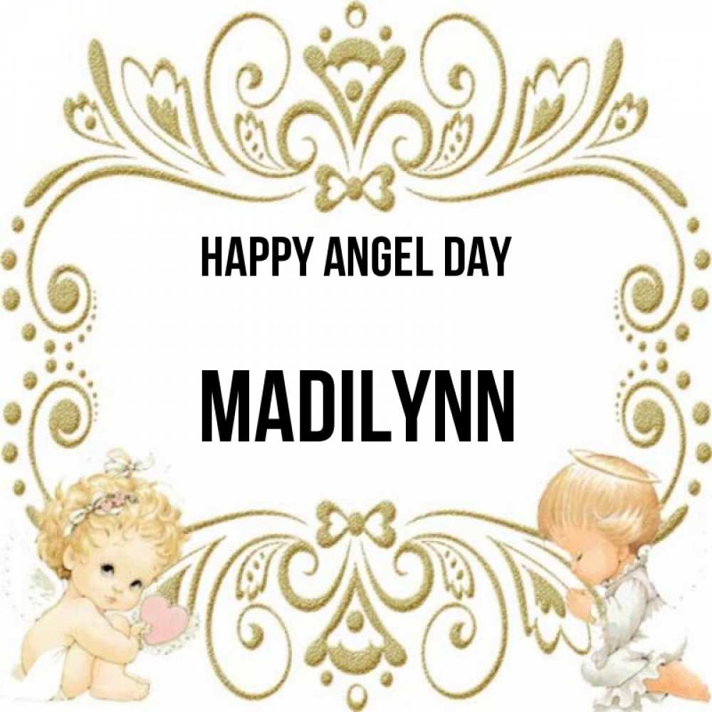 Greetings card с именем, Madilynn happy angel day с именинами поздравляют два красивых ангела. Один с сердечком другой молится Greetings with text for free download 