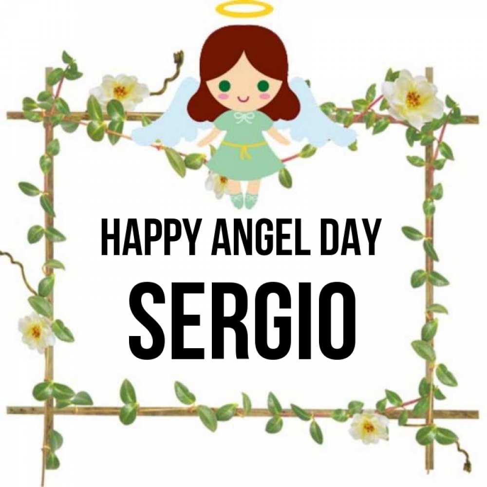 Greetings card с именем, Sergio happy angel day Ангел с нимбом Greetings with text for free download 