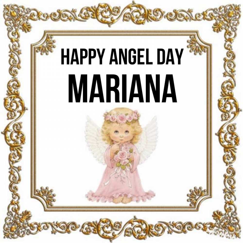 Greetings card с именем, Mariana happy angel day девочка ангел с крыльями и цветами в розовом платье Greetings with text for free download 