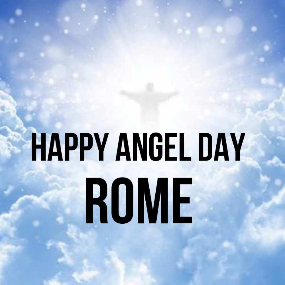 Greetings card с именем, Rome happy angel day ангел на облаках в свете солнца Greetings with text for free download 
