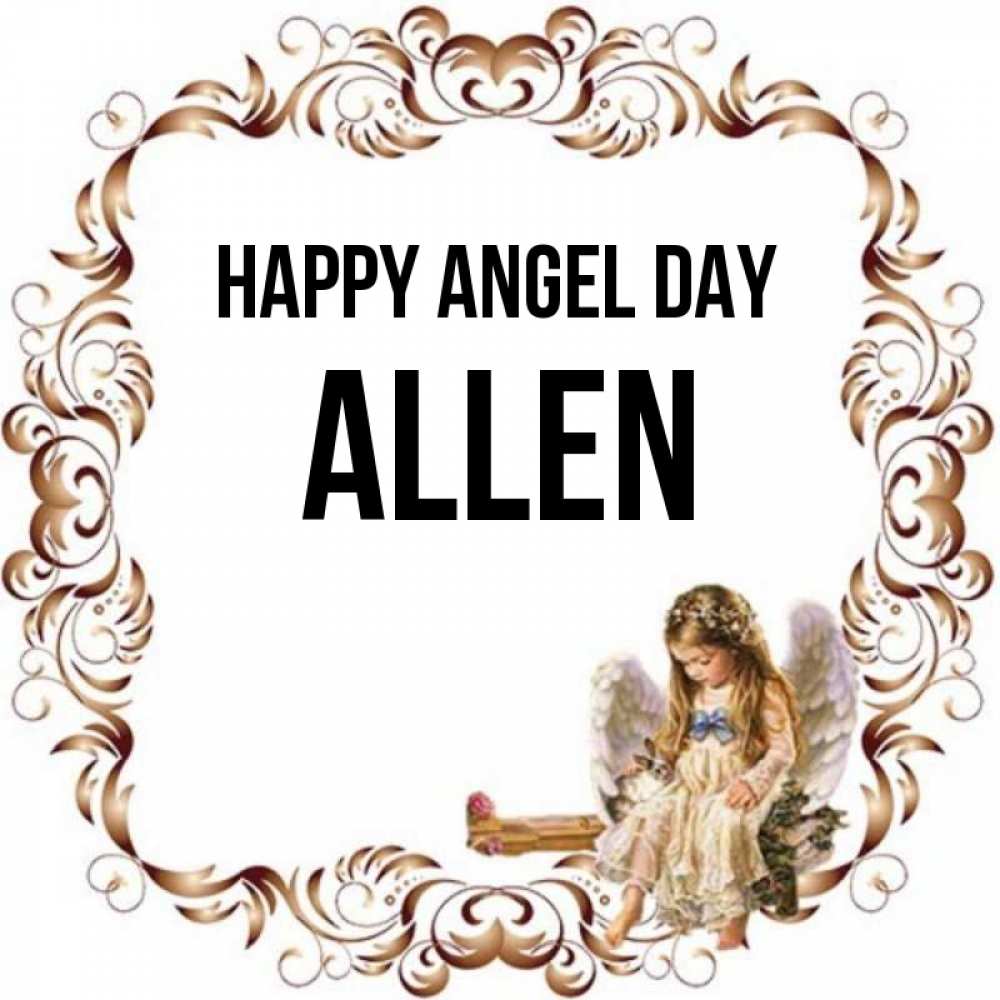 Greetings card с именем, Allen happy angel day рамочка из перьев и ангелочек Greetings with text for free download 