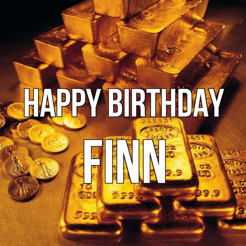 Greetings card с именем, Finn Happy Birthday со слитками золота и золотыми монетами Greetings with text for free download 