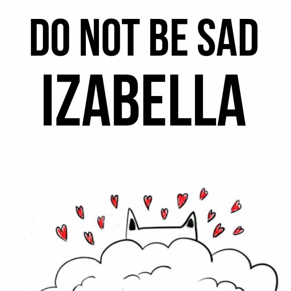 Greetings card с именем, Izabella Do not be sad облако и ушки котика с сердечками Greetings with text for free download 