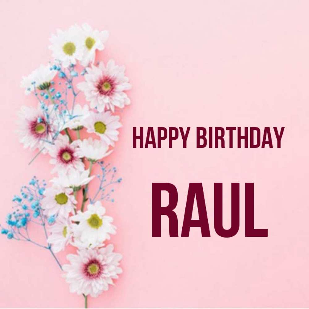 Greetings card с именем, Raul Happy Birthday Родная моя с днем рождения тебя картинка с цветами белыми и голубыми Greetings with text for free download 