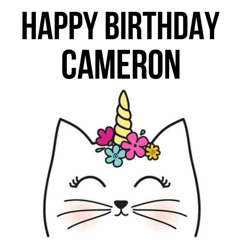 Greetings card с именем, Cameron Happy Birthday милый кот с одним рожком Greetings with text for free download 