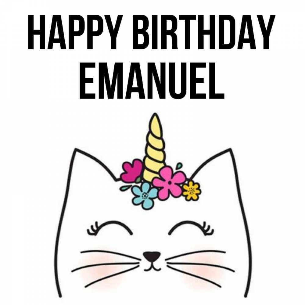 Greetings card с именем, Emanuel Happy Birthday милый кот с одним рожком Greetings with text for free download 