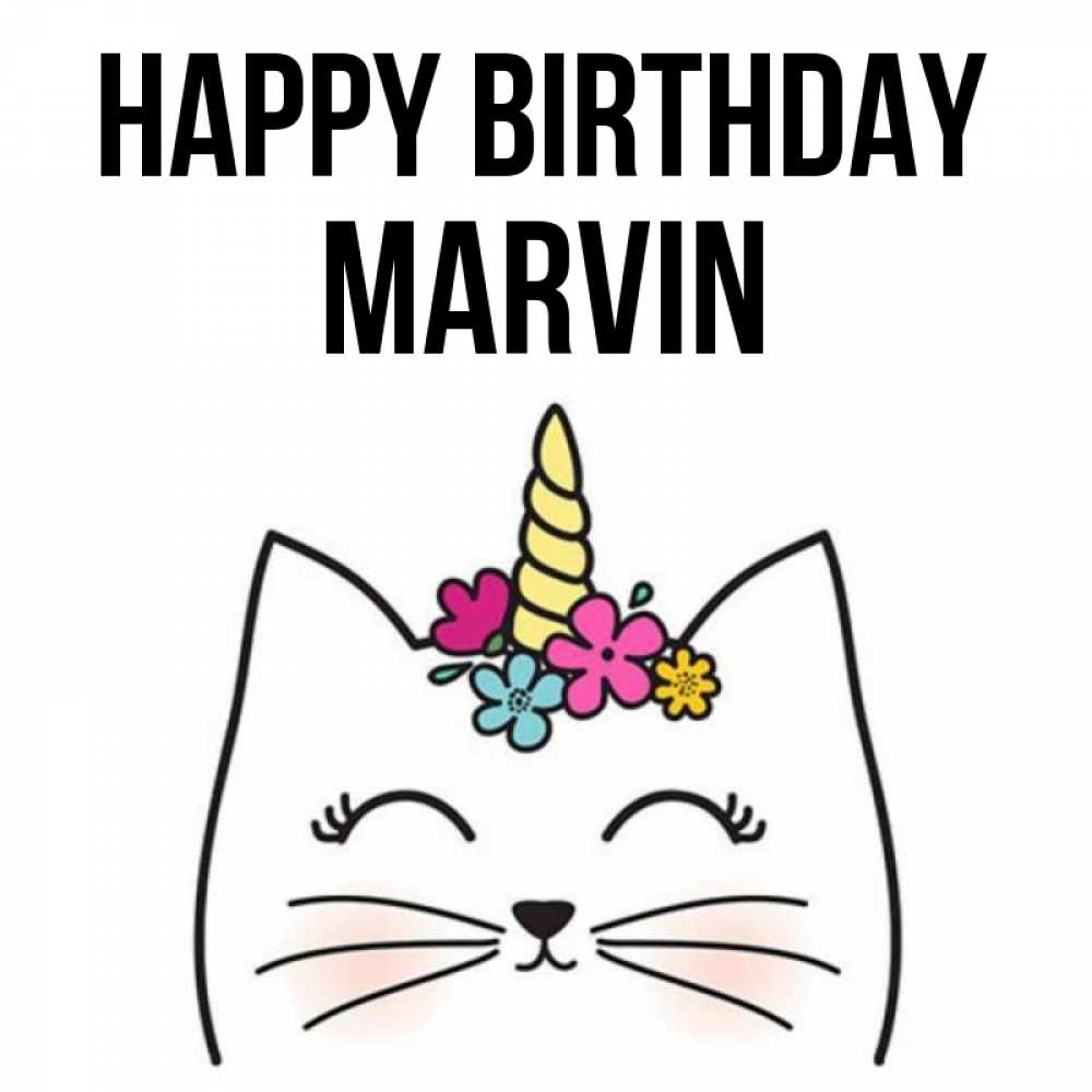 Greetings card с именем, Marvin Happy Birthday милый кот с одним рожком Greetings with text for free download 