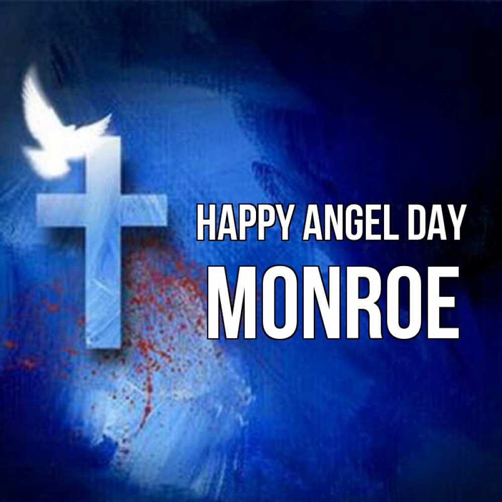 Greetings card с именем, Monroe happy angel day Синий фон и птица Greetings with text for free download 