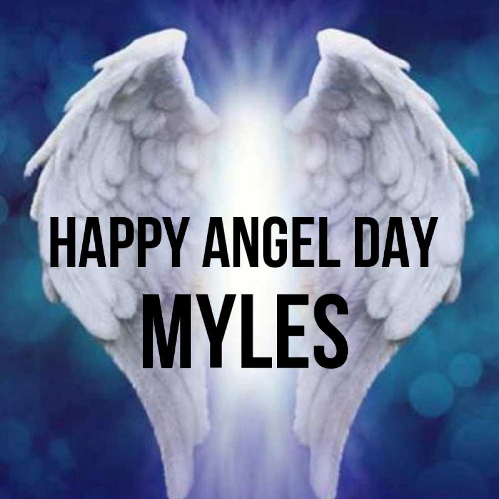 Greetings card с именем, Myles happy angel day синий фон и крылышки Greetings with text for free download 