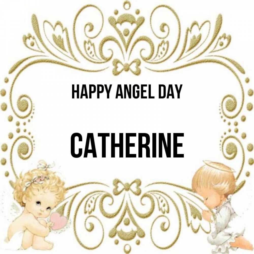Greetings card с именем, Catherine happy angel day с именинами поздравляют два красивых ангела. Один с сердечком другой молится Greetings with text for free download 