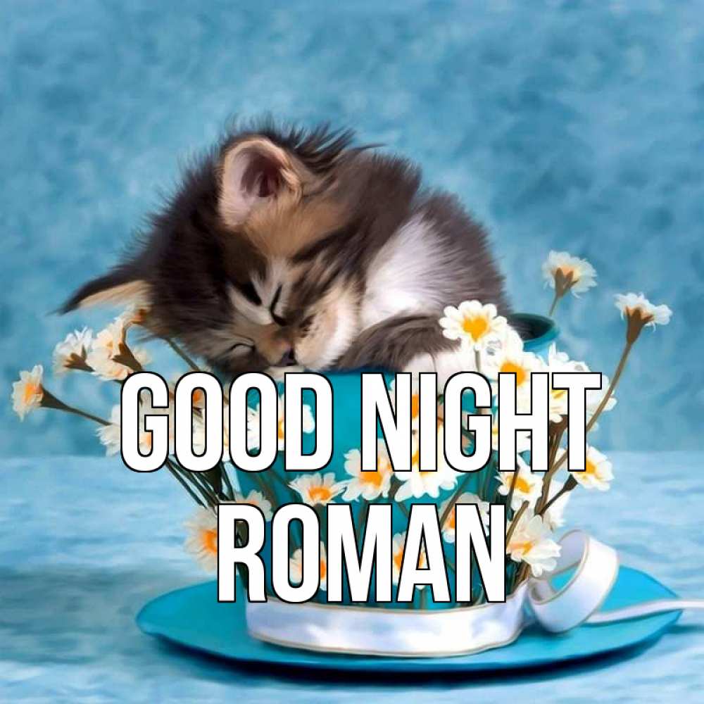 Greetings card с именем, Roman Good night котенок спит в кружке с блюдцем Greetings with text for free download 
