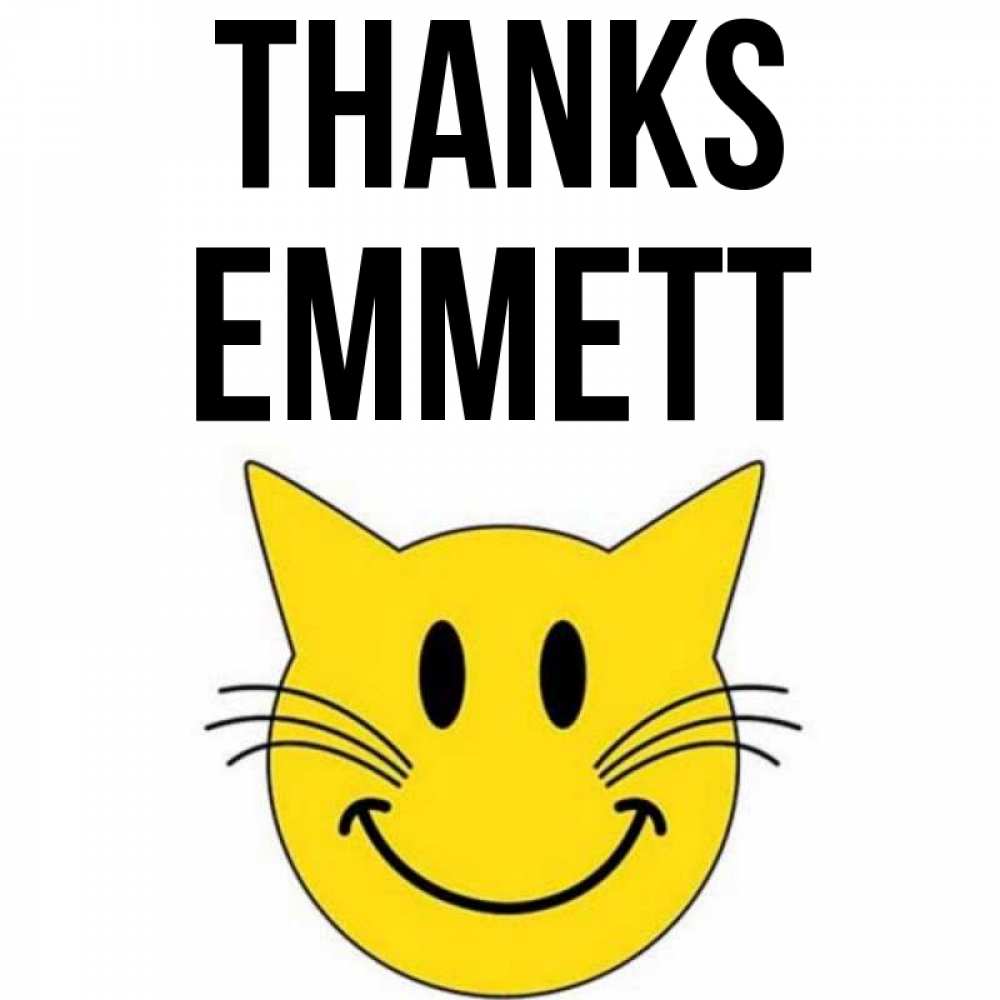 Greetings card с именем, Emmett Thanks улыбающийся смайл кот Greetings with text for free download 