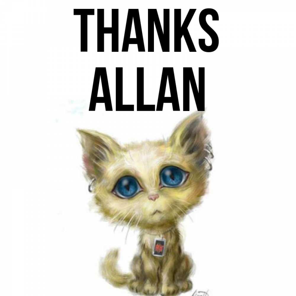 Greetings card с именем, Allan Thanks рисованный кот благодарит вас Greetings with text for free download 