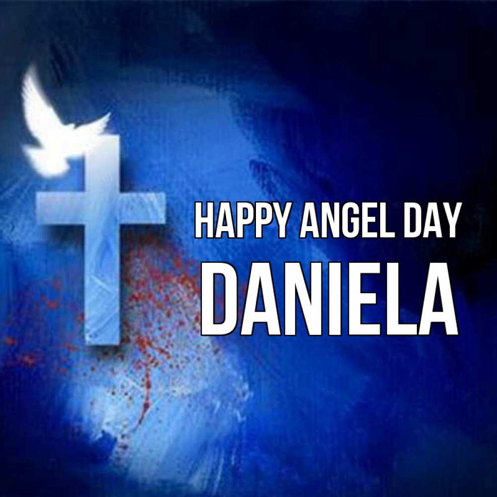 Greetings card с именем, Daniela happy angel day Синий фон и птица Greetings with text for free download 