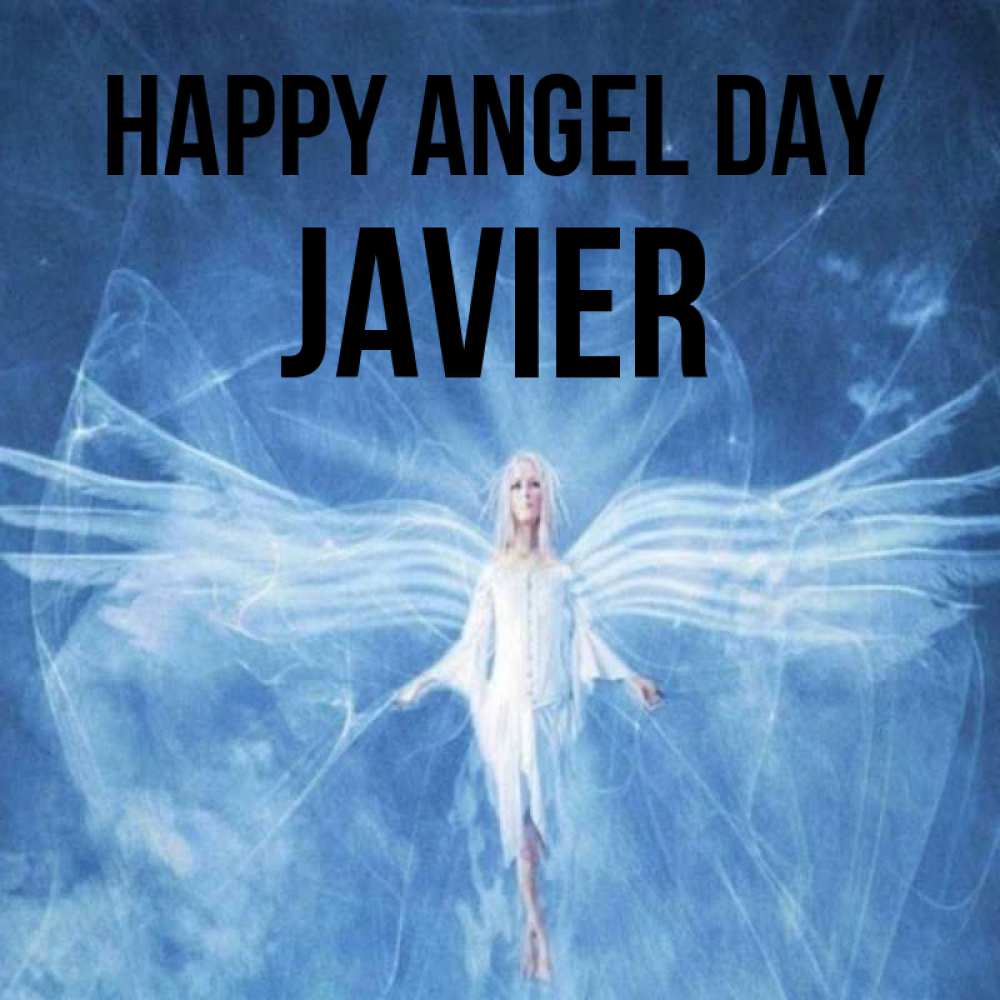 Greetings card с именем, Javier happy angel day голубой фон и крылья как у стрекозы Greetings with text for free download 