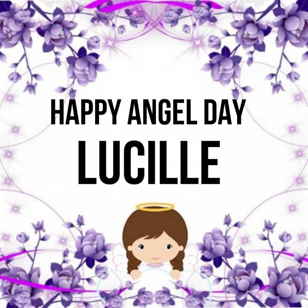 Greetings card с именем, Lucille happy angel day с именинами в рамочке Greetings with text for free download 