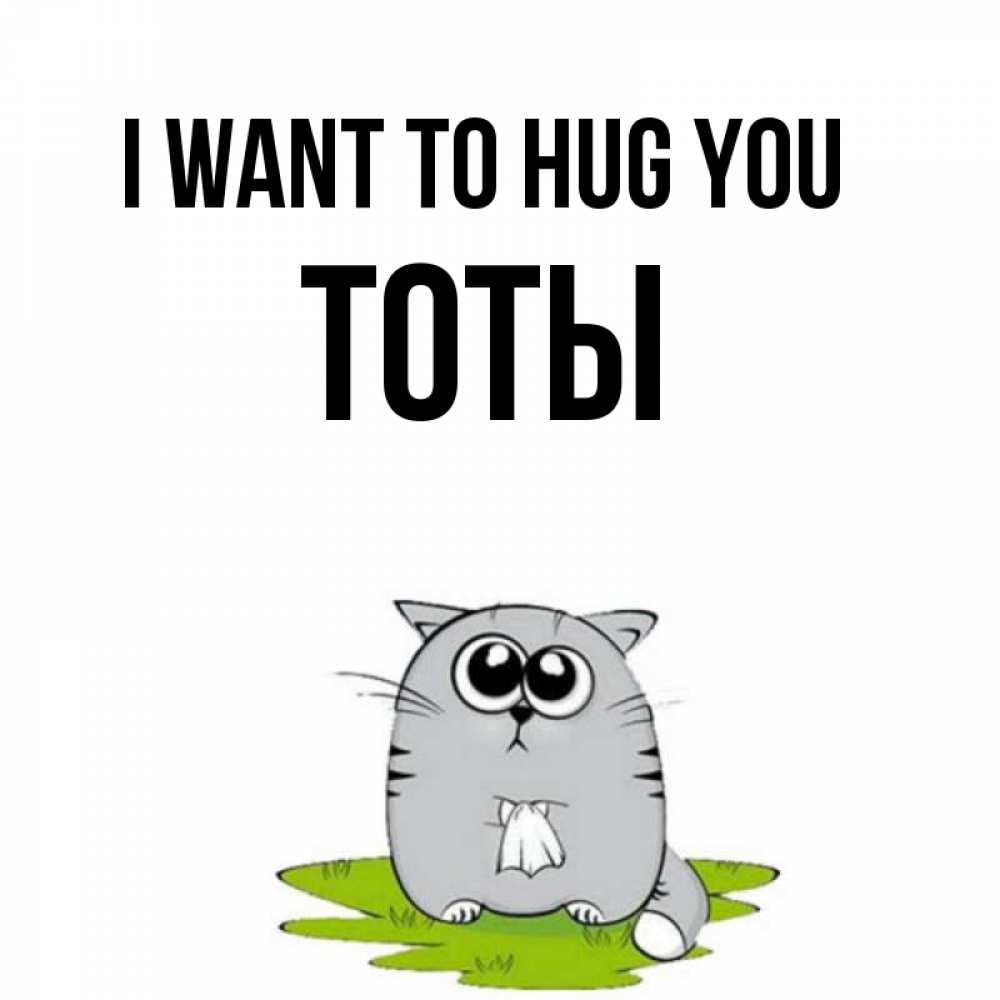 Greetings card с именем, ТОТЫ I want to hug you котик теребит платочек сидя на травке Greetings with text for free download 