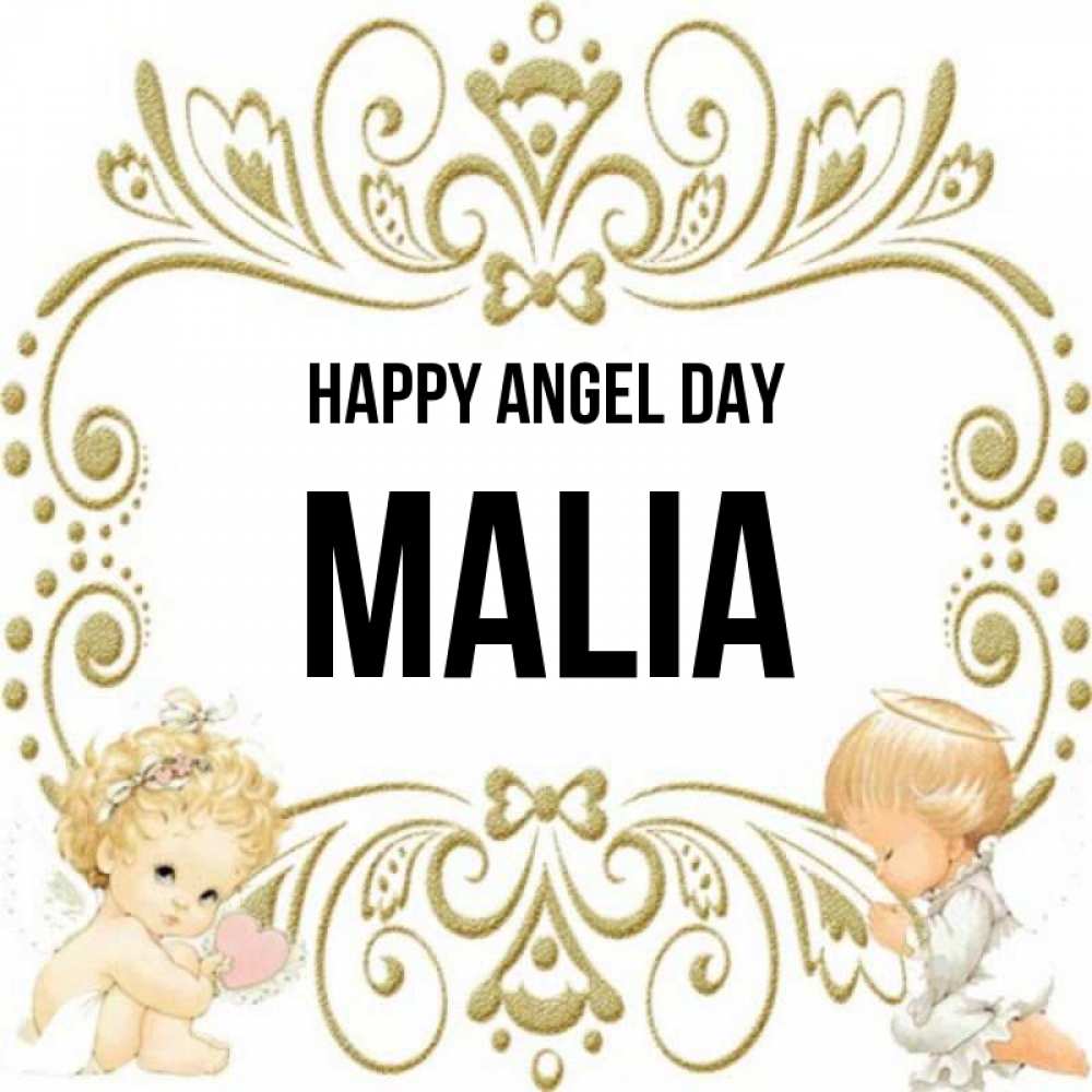 Greetings card с именем, Malia happy angel day с именинами поздравляют два красивых ангела. Один с сердечком другой молится Greetings with text for free download 