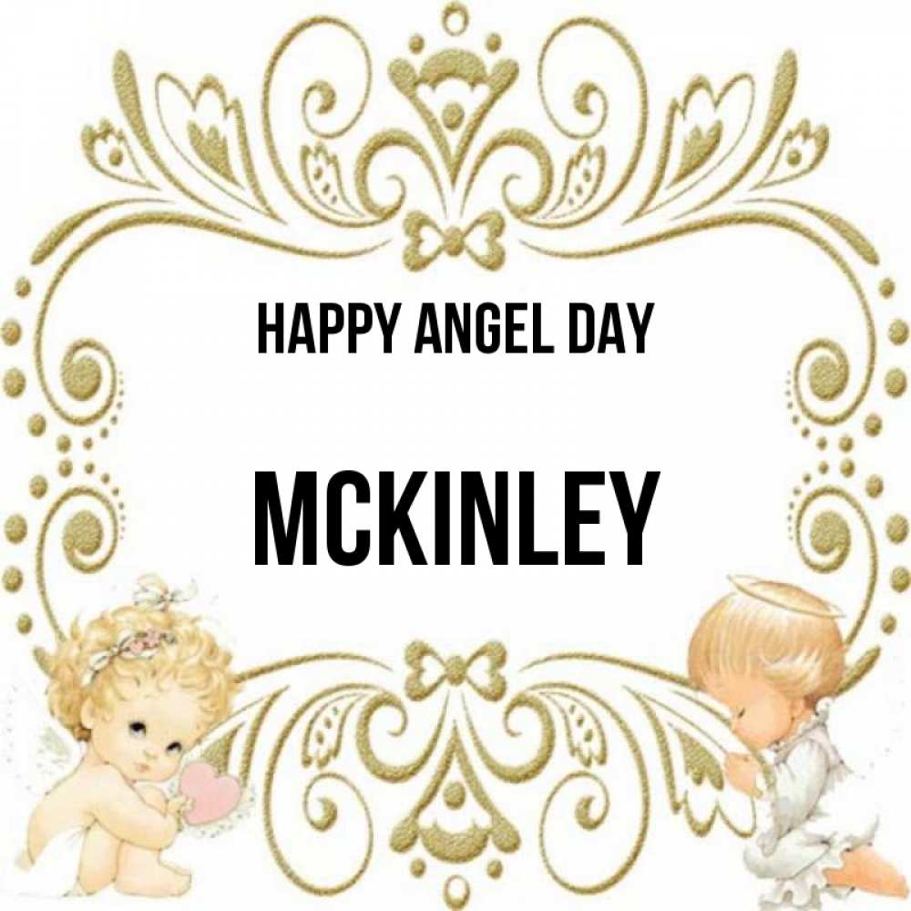 Greetings card с именем, Mckinley happy angel day с именинами поздравляют два красивых ангела. Один с сердечком другой молится Greetings with text for free download 