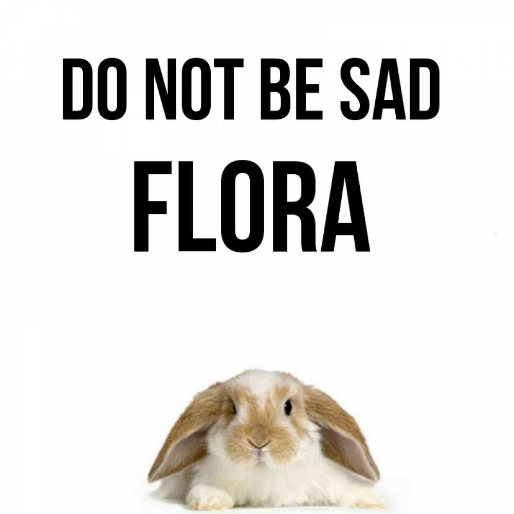 Greetings card с именем, Flora Do not be sad коричнево белый заяц с большими ушками Greetings with text for free download 