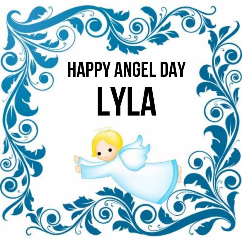 Greetings card с именем, Lyla happy angel day девочка ангел и синяя рамка Greetings with text for free download 