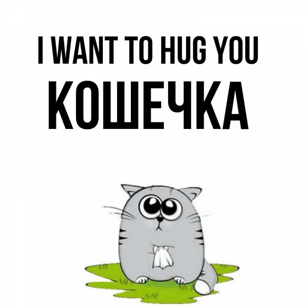 Greetings card с именем, Кошечка I want to hug you котик теребит платочек сидя на травке Greetings with text for free download 