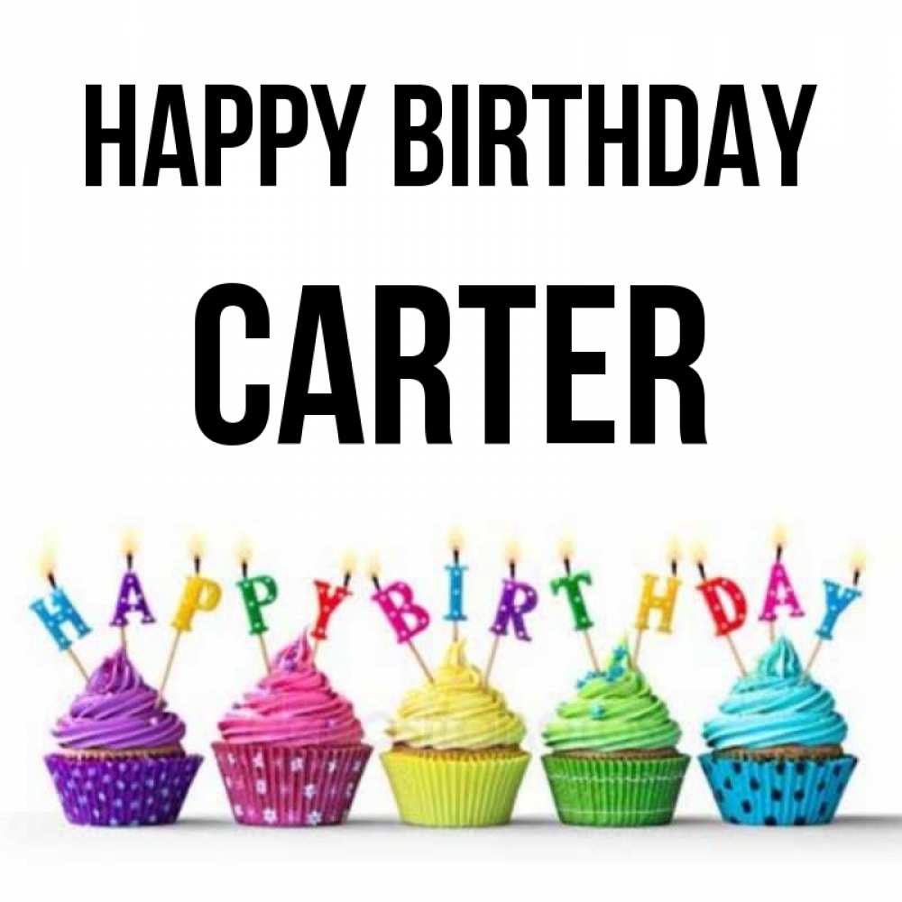 Greetings card с именем, Carter Happy Birthday открытка ко дню рождения с разноцветными вкусняшками Greetings with text for free download 