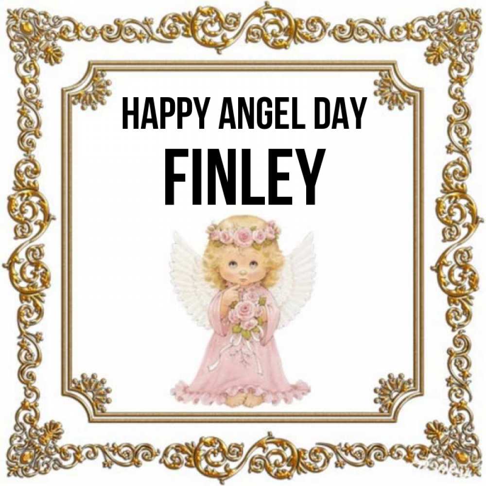 Greetings card с именем, Finley happy angel day девочка ангел с крыльями и цветами в розовом платье Greetings with text for free download 
