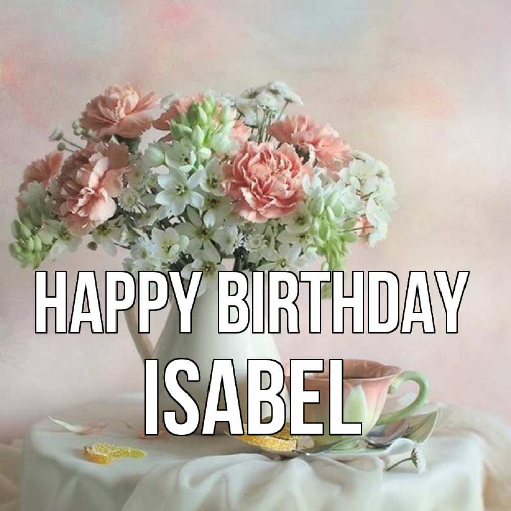 Greetings card с именем, Isabel Happy Birthday с цветами Greetings with text for free download 