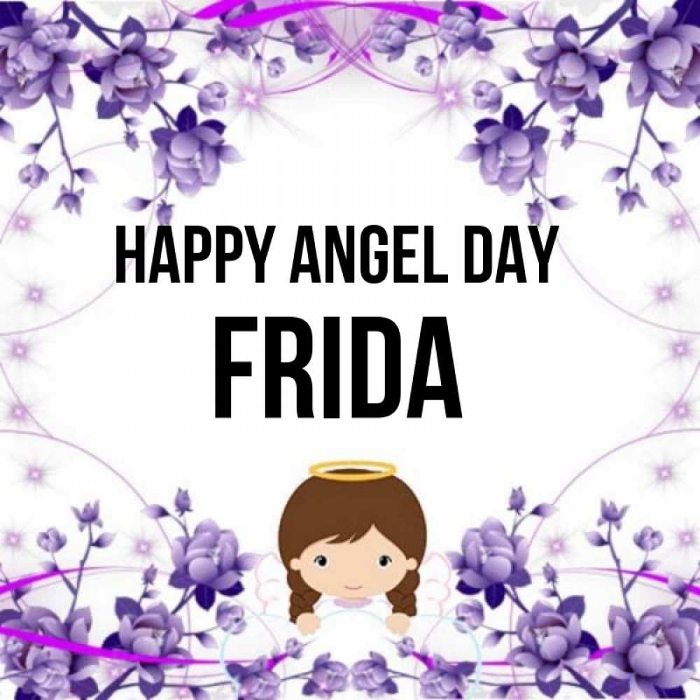 Greetings card с именем, Frida happy angel day с именинами в рамочке Greetings with text for free download 