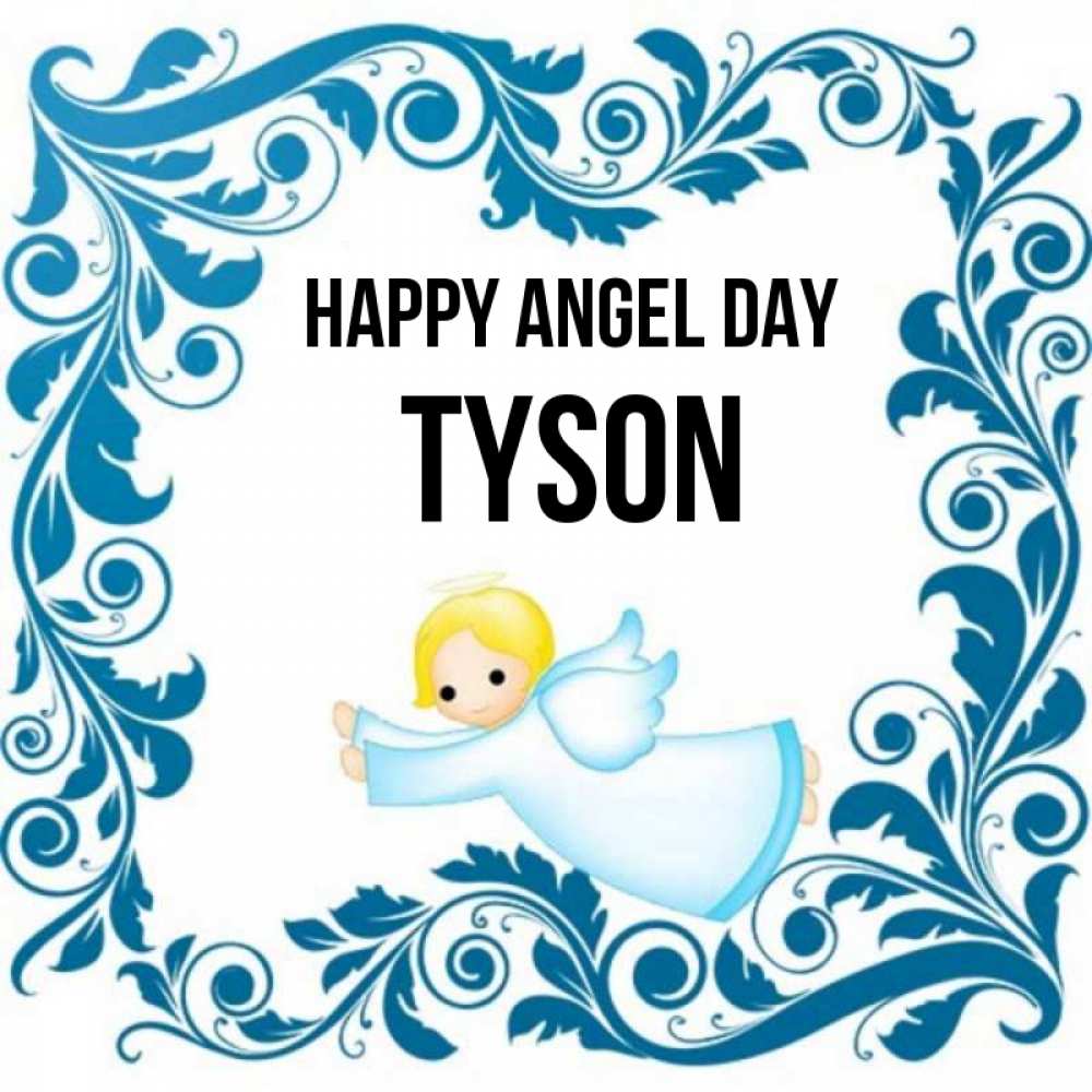 Greetings card с именем, Tyson happy angel day девочка ангел и синяя рамка Greetings with text for free download 