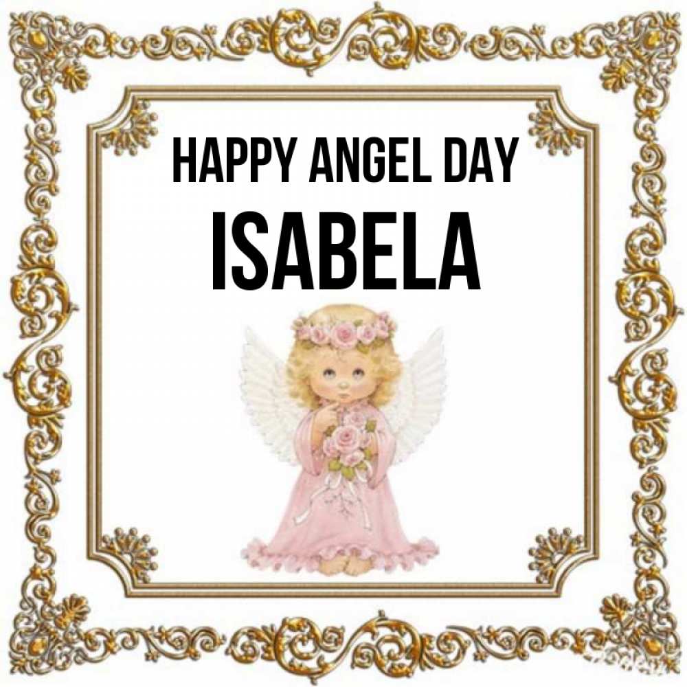 Greetings card с именем, Isabela happy angel day девочка ангел с крыльями и цветами в розовом платье Greetings with text for free download 