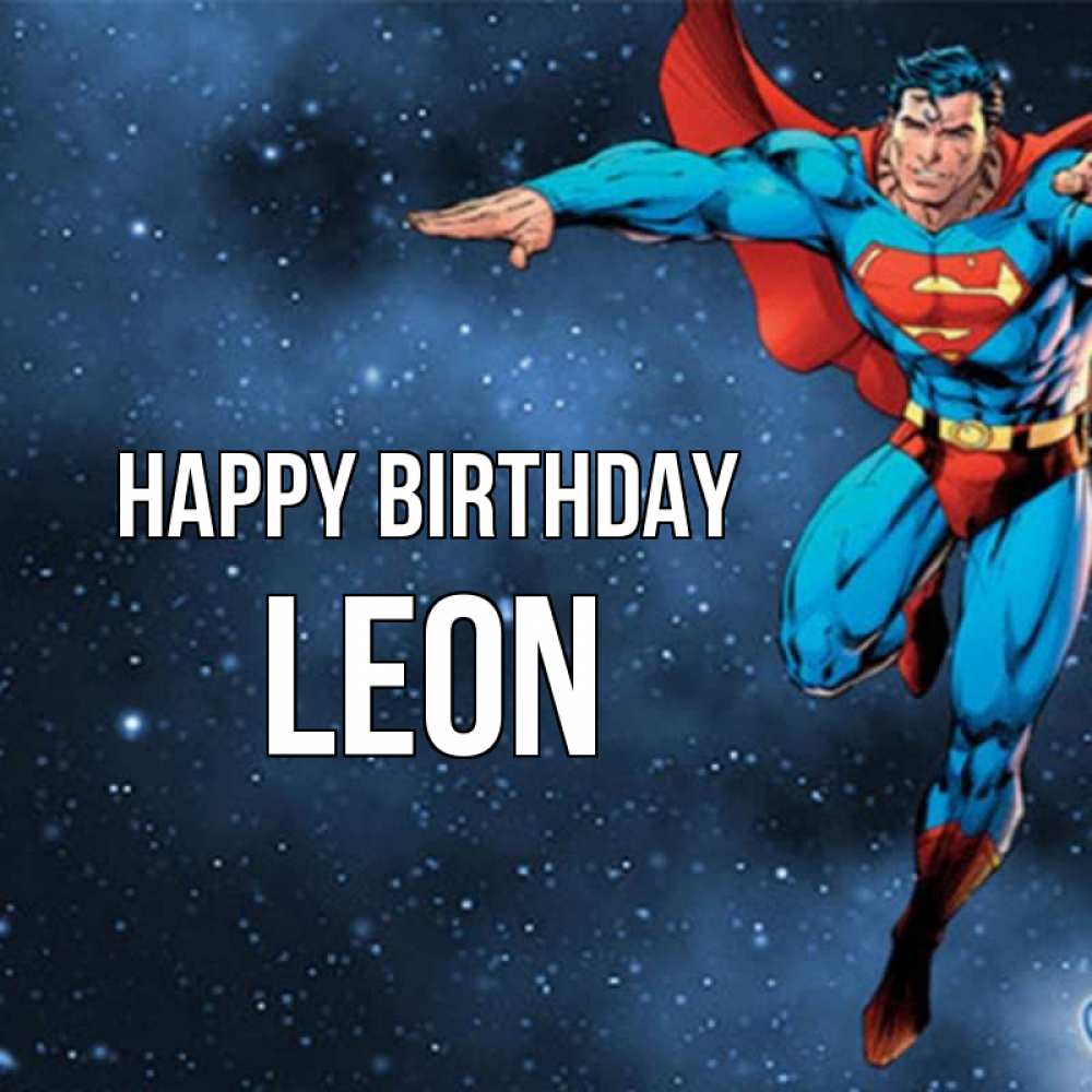 Greetings card с именем, Leon Happy Birthday супергерой Greetings with text for free download 