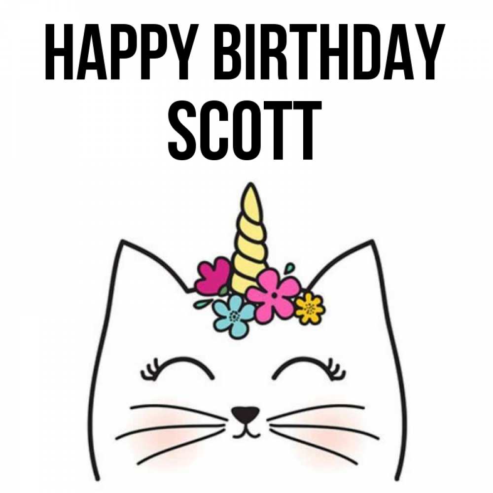 Greetings card с именем, Scott Happy Birthday милый кот с одним рожком Greetings with text for free download 