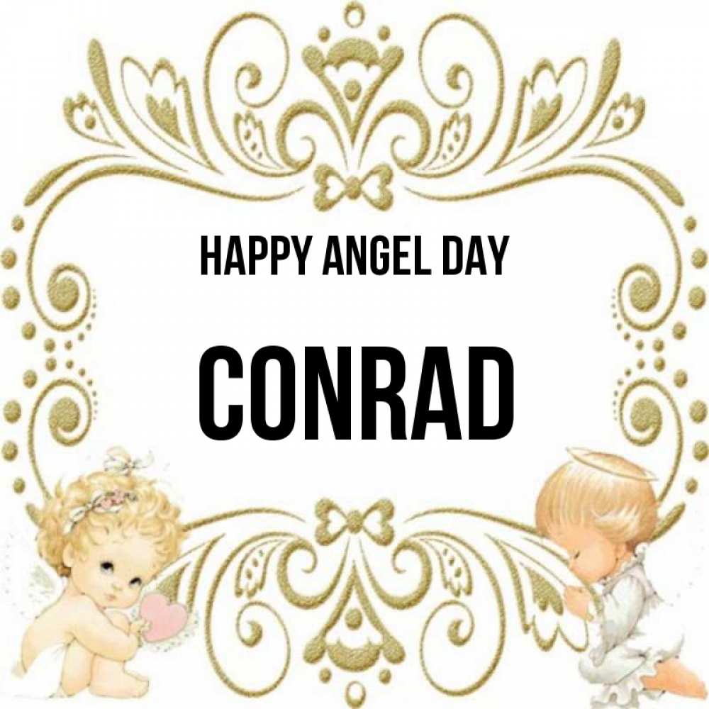 Greetings card с именем, Conrad happy angel day с именинами поздравляют два красивых ангела. Один с сердечком другой молится Greetings with text for free download 